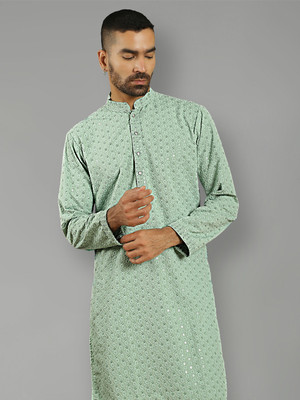 Jompers Men Embroidered Straight Kurta(Green)