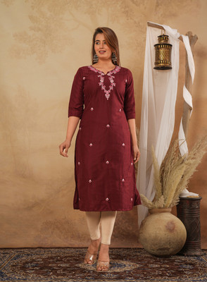 Ptf Women Embroidered Straight Kurta(Maroon)