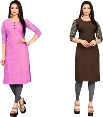 HOFC Women Solid Straight Kurta(Pink, Brown)