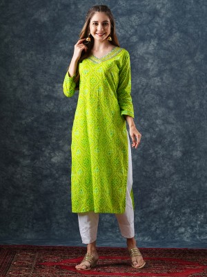 Fashor Women Printed Straight Kurta(Green)