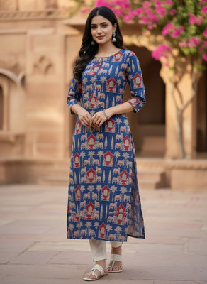 Kurtiking Women Floral Print Straight Kurta(Dark Blue)