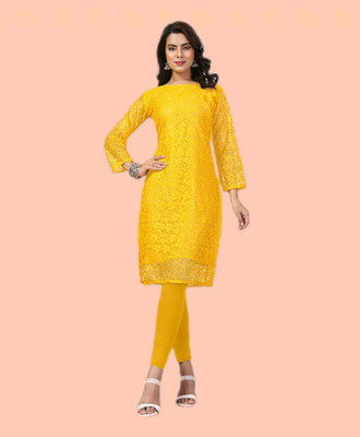 Manthan Creation Women Chikan Embroidery A-line Kurta(Yellow)