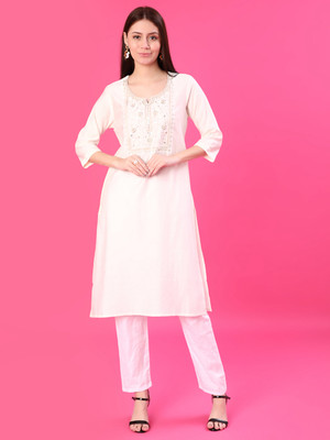 V-MART Women Embroidered A-line Kurta(Beige)
