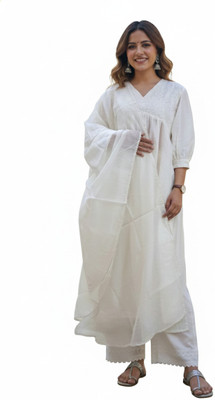 Kisu Women Chikan Embroidery Anarkali Kurta(White)