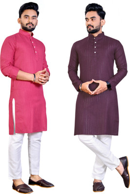 JENZEE Fashion Men Striped Straight Kurta(Purple, Pink)