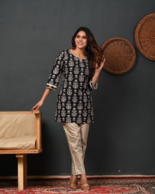 Rimeline Women Printed Straight Kurta(Black)