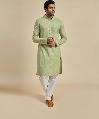 ANOUK Men Floral Print Straight Kurta(Light Green)