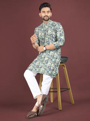 LeipZig Men Printed Straight Kurta(Blue)