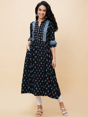 Globus Women Printed Anarkali Kurta(Black)