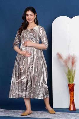 AARK Women Printed Flared Kurta(Grey)