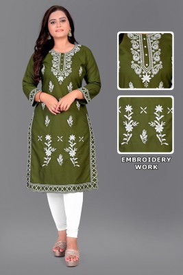 Leelaratan Women Embroidered Straight Kurta(Green)