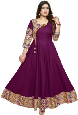 Neminath Women Printed Flared Kurta(Purple)