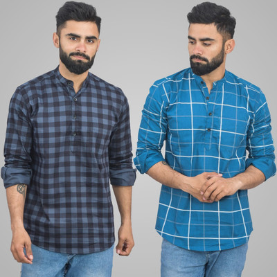 QuaClo Men Checkered Straight Kurta(Blue)