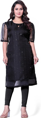 VHCK ENTERPRISE Women Embroidered A-line Kurta(Black)