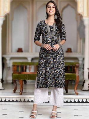 Moda Rapido Men Floral Print Straight Kurta(Black)