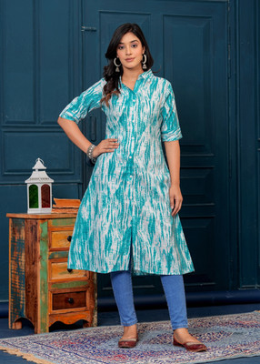 Dizon Women Printed A-line Kurta(Light Blue)
