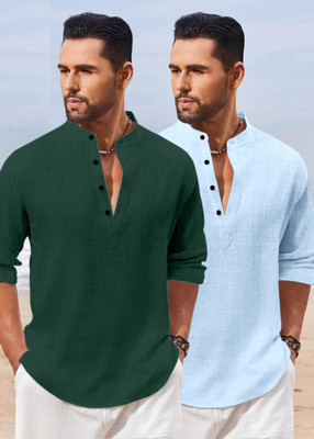 HEMADHAV Men Solid Straight Kurta(Dark Green, Blue)