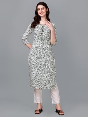 Baldhatread Women Printed Straight Kurta(White, Dark Green)