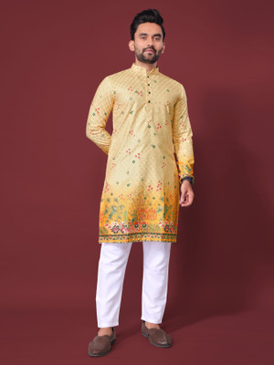 Krishiv Fashion Men Printed Straight Kurta(Yellow)