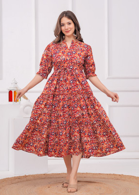 HINGLAJRAJ Women Block Print Flared Kurta(Blue)