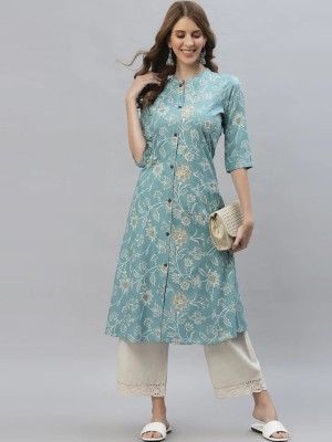 PSCHOICE Women Floral Print Frontslit Kurta(Blue)