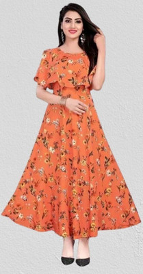 U CREATION Women Printed Anarkali Kurta(Orange)