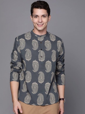 DIMMY Men Printed A-line Kurta(Grey)