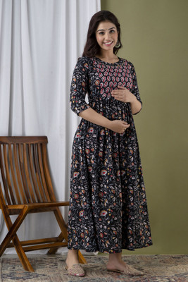 Tulsiram Women Printed Anarkali Kurta(Black, Red)