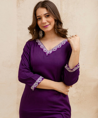 Surhi Women Embroidered Straight Kurta(Purple)