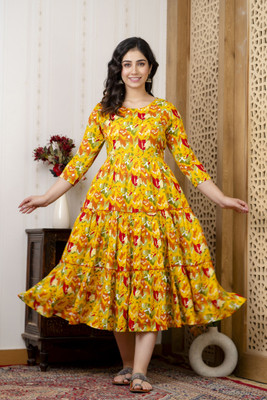 Gauri Women Printed Gown Kurta(Yellow)