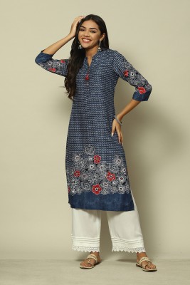 RANGRITI Women Printed Straight Kurta(Blue)