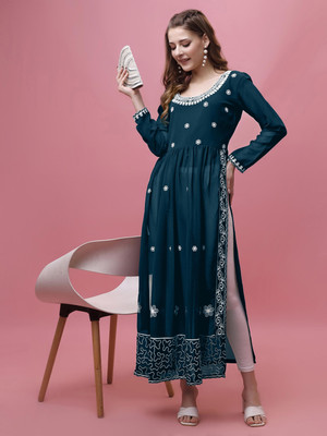Shree Ramkrishna Fab Women Embroidered A-line Kurta(Blue)