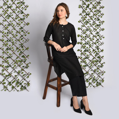 AshJyoti Women Solid Straight Kurta(Black)
