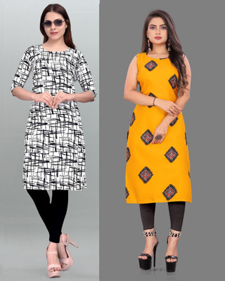 Modli 20 Fashion Women Printed Straight Kurta(Yellow, White)