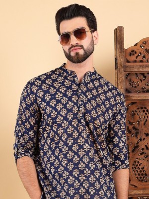 Ethnic Bay Men Printed Straight Kurta(Blue)