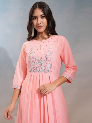 Vishudh Women Embroidered A-line Kurta(Pink)