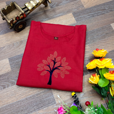 fentik.com Women Patchwork Straight Kurta(Red)