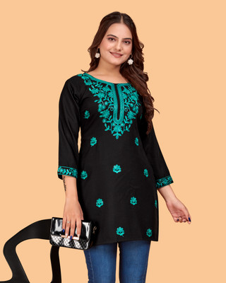 DharmHouse Women Embroidered Straight Kurta(Black)