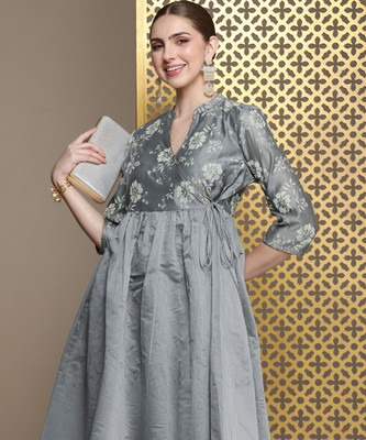 House of Pataudi Women Printed A-line Kurta(Grey, Beige)