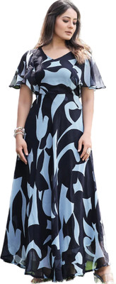 DIVINE Women Printed Flared Kurta(Light Blue)