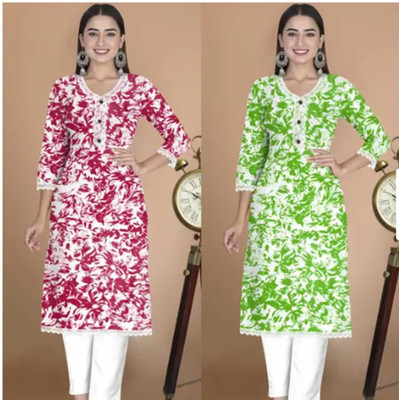 GS Attire Women Printed Straight Kurta(Maroon, Yellow)