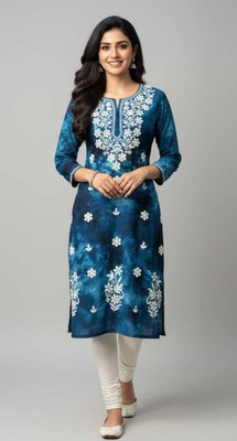 Awadh chikankari art Women Dyed/Ombre, Embroidered A-line Kurta(Dark Blue)
