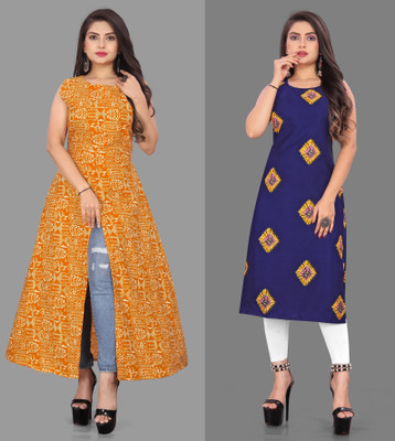 tanvi creation Women Printed A-line Kurta(Blue, Yellow)