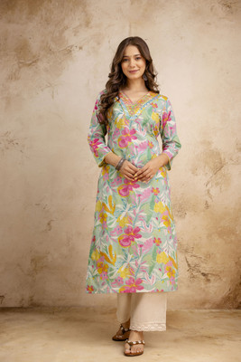 Sa Rasa Women Printed Straight Kurta(Light Green)