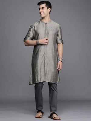 ANOUK Men Embellished Straight Kurta(Grey)