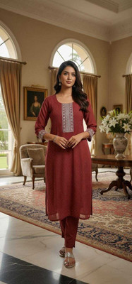 sofiacollection Women Embroidered Straight Kurta(Brown)