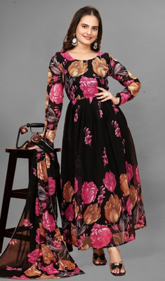 QUEUEE CREATION Women Floral Print Anarkali Kurta(Black)