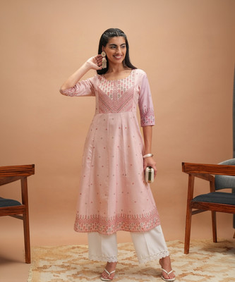 Vishudh Women Printed Anarkali Kurta(Pink)