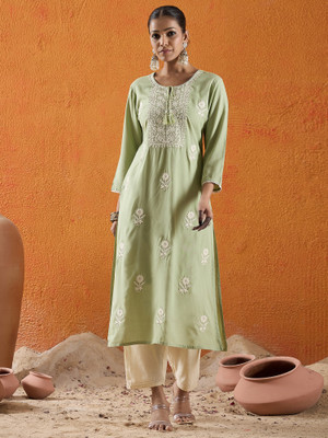 Indo Era Women Embroidered Straight Kurta(Green)