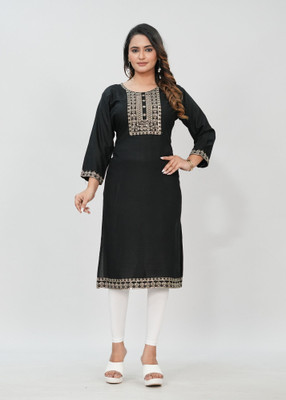 Elvya Women Embroidered Straight Kurta(Black)